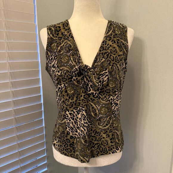 Only Nine Vintage 90s Y2K Olive Green Black Leopard Paisley Stretchy Tank Top XL - Picture 2 of 11